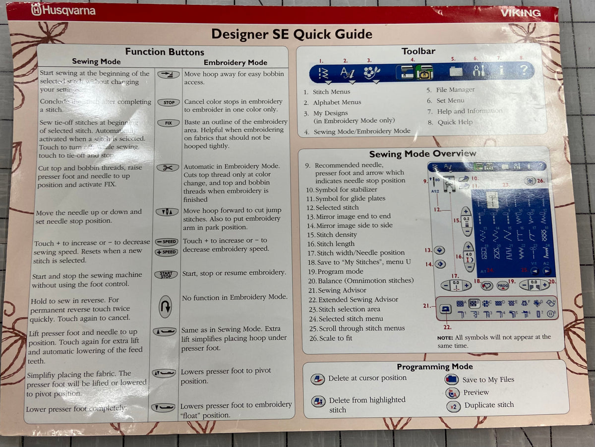Husqvarna Viking Designer SE Quick Guide Genuine Quilters Consignment