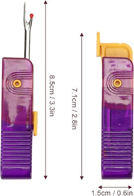 A purple plastic seam ripper shown from two angles on a white background, with dimension arrows and labels indicating height around 7-8 cm and a width of 1.5 cm.