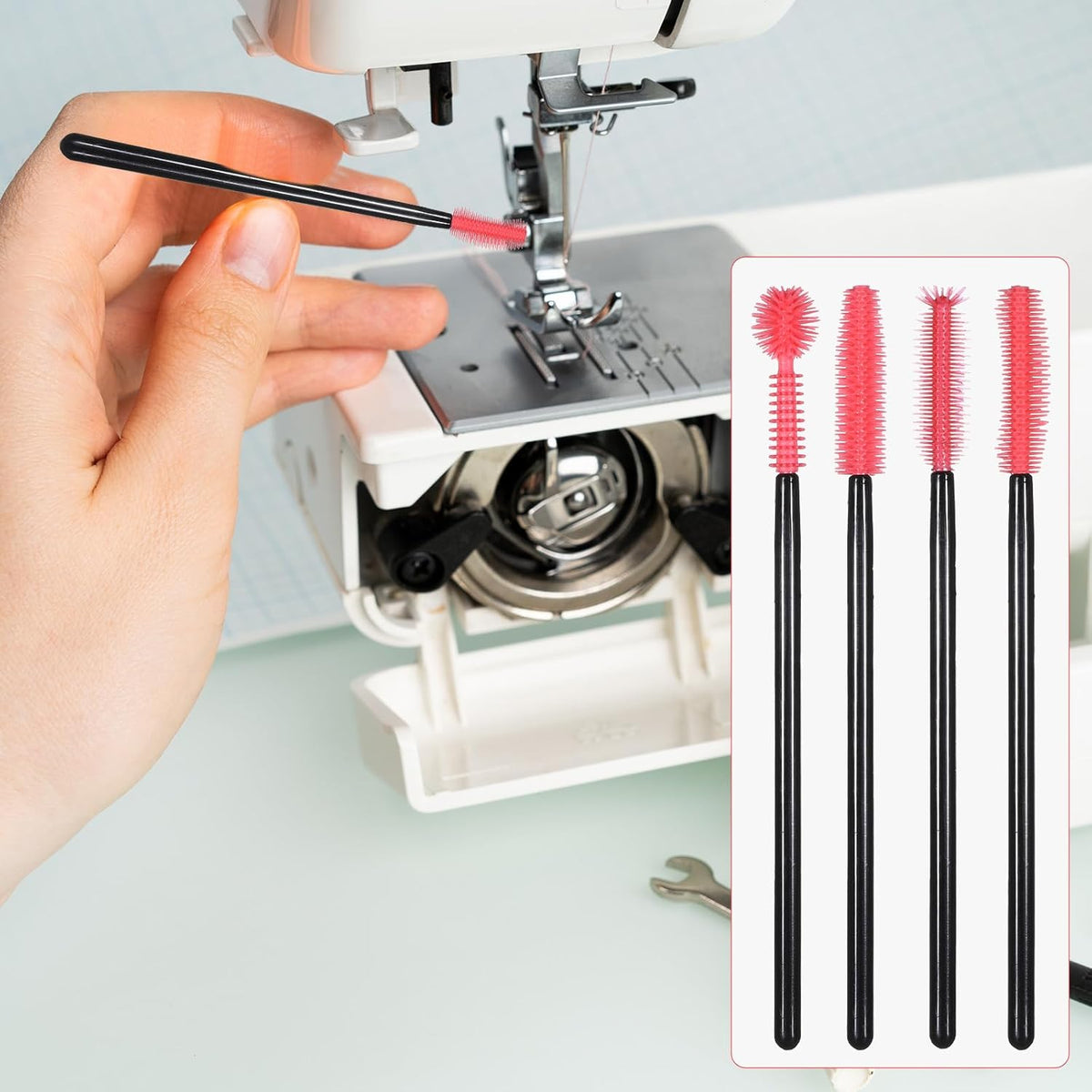 Sewing machine with a hand holding a red and black silicone brush, next to a set of three similar brushes.