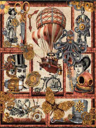 Quilt panel with vintage-themed design and branding information.