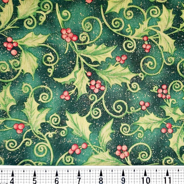Christmas-themed fabric with holly leaves and berries on a green background