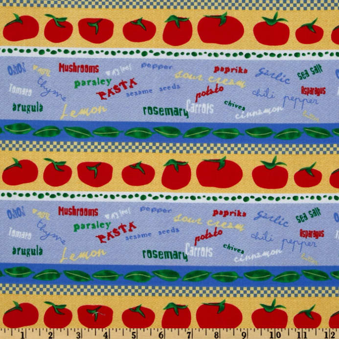 Clothworks Funky Kitchen Striped Vegetables Blue