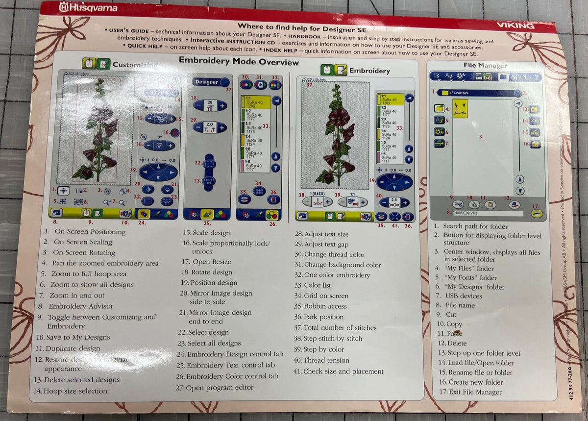 Husqvarna Viking Designer SE Quick Guide Genuine Quilters Consignment